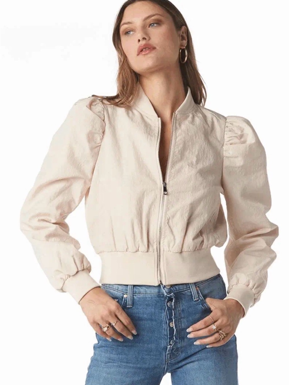 Tart Collections Puff Sleeve Cropped Bomber Jacket Blush Pink Beige Large